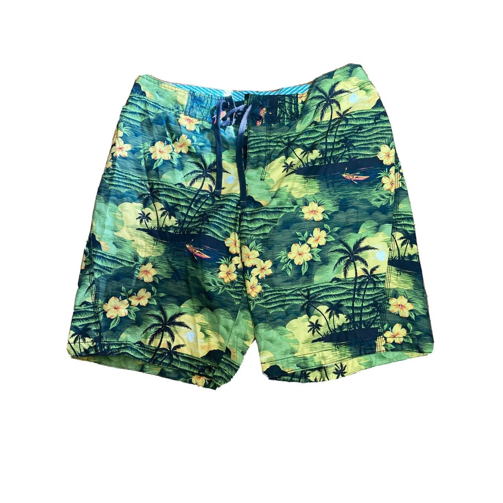 Old Navy Hawaiian Floral Green Board Shorts Swimsuit/Trunks - Size L Large Men